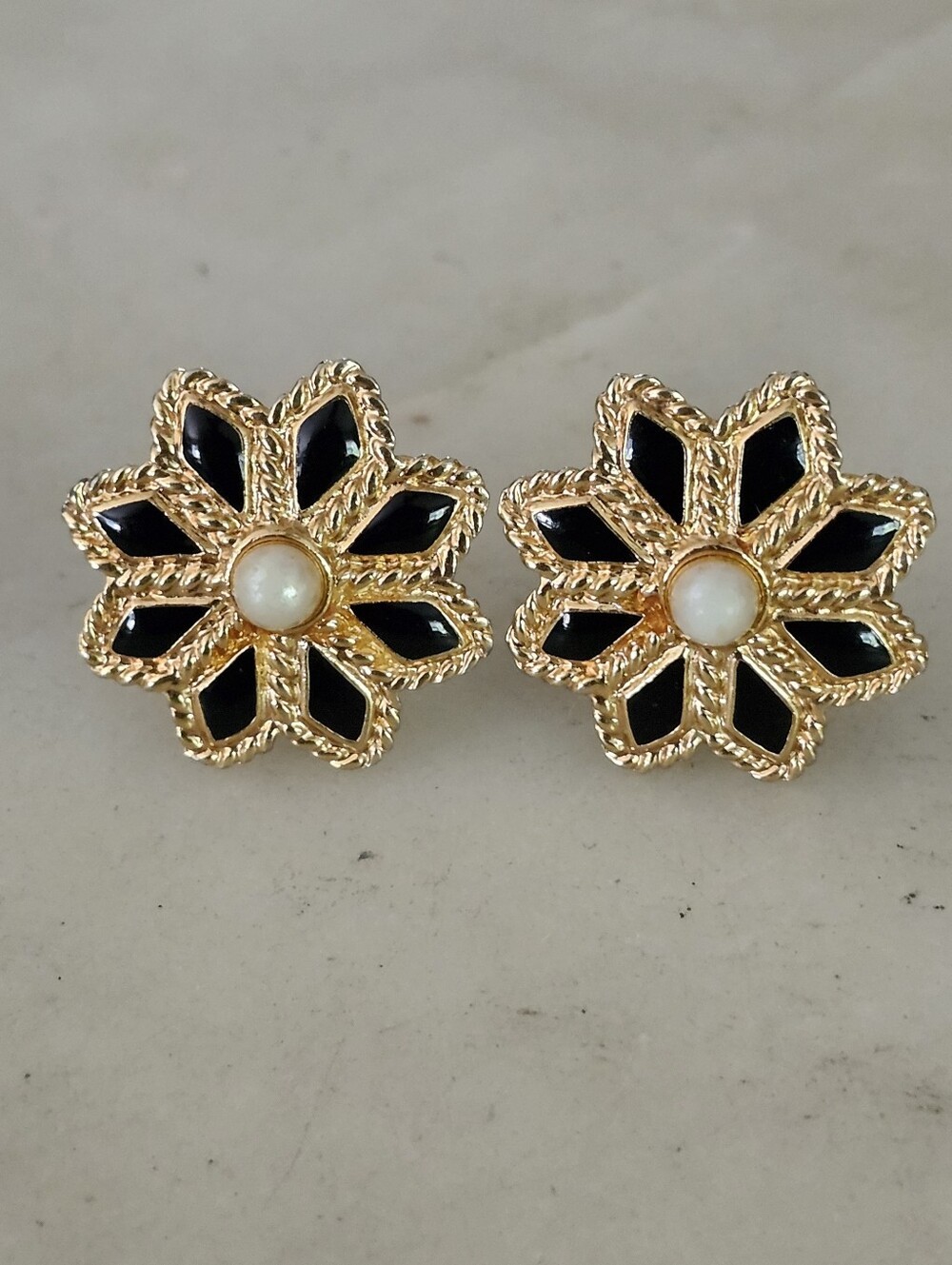 Anne Klein Gold Tone Flower Faux Pearl Center Earrings with Black Petals